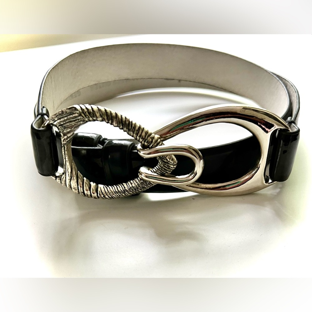 CHICO’S Black and Silver Belt with Unique Double Buckle
